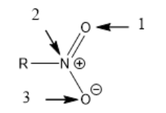 <p><span>Below shows one of two equivalent resonance structures of nitro group (with lone pairs skipped), which is an electron withdrawing group. R is an alkyl group. What are the hybridizations of those 3 atoms in nitro group?</span></p>