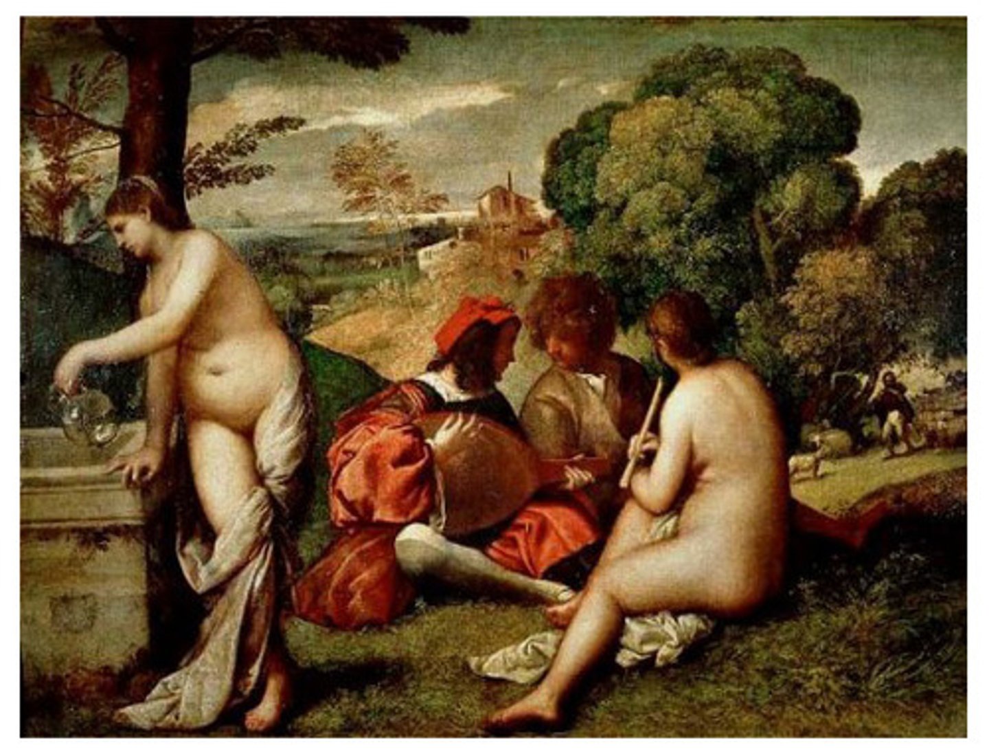 <p>Artist: Giorgione</p><p>Location: Louvre, Paris</p><p>Medium: Oil on canvas</p><p>Patron: unknown</p><p>Important Info:</p><p>What was this work inspired by? Virgil's Eclogues</p>