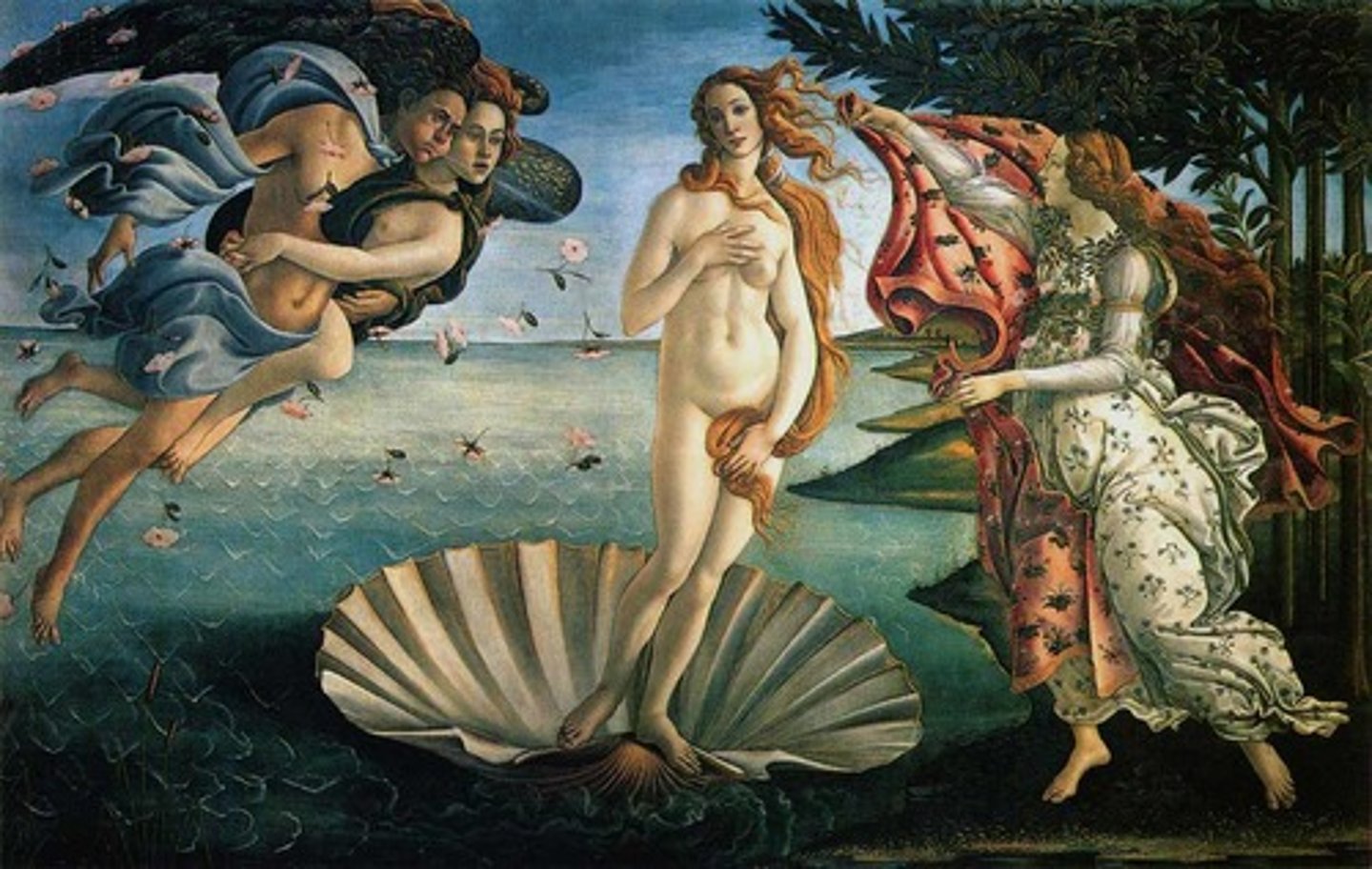 <p>Form:</p><p>-tempera on cancas</p><p>-curvy body (flexibility)</p><p>-neoplatonic love (classical and Christian)</p><p>-sense of pattern and beauty</p><p>Content:</p><p>-Venus standing on seashell</p><p>-born by the sea fullgrown</p><p>-couple intertwines; pushing Venus to land</p><p>-someone on shore ready to receive Venus with cloth</p><p>-floating figures</p><p>-Earthly and celestial love</p><p>Function:</p><p>-probably wedding gift</p><p>Context:</p><p>-artist: Sandro Botticelli</p><p>1484-86 CE</p><p>-Medici commission</p><p>-Venus is goddess of love</p><p>-Early Renaisasnce</p>