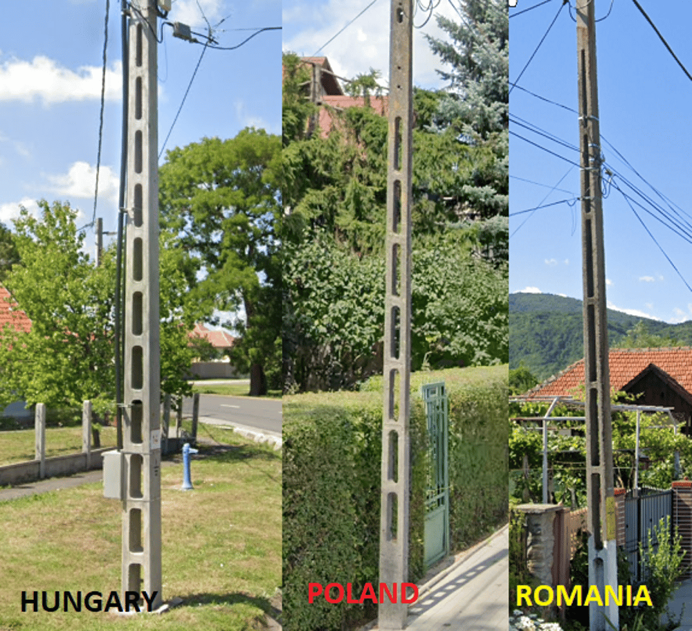 <h4 id="2c162d01-fb10-45b5-8f0c-54706c059d1e" data-toc-id="2c162d01-fb10-45b5-8f0c-54706c059d1e" collapsed="false" seolevelmigrated="true">Hungary, Romania, Poland</h4><p>There are some ways to tell them apart:</p><ul><li><p>If it has white paint at the bottom it is Romanian </p><ul><li><p>Romania also often has painted the the trunks of trees white</p></li></ul></li><li><p>Romanian holes are longer than than hungarian or polish </p></li><li><p>Polish poles have smaller holes that don’t go all the way to the top or bottom</p></li></ul><p></p>