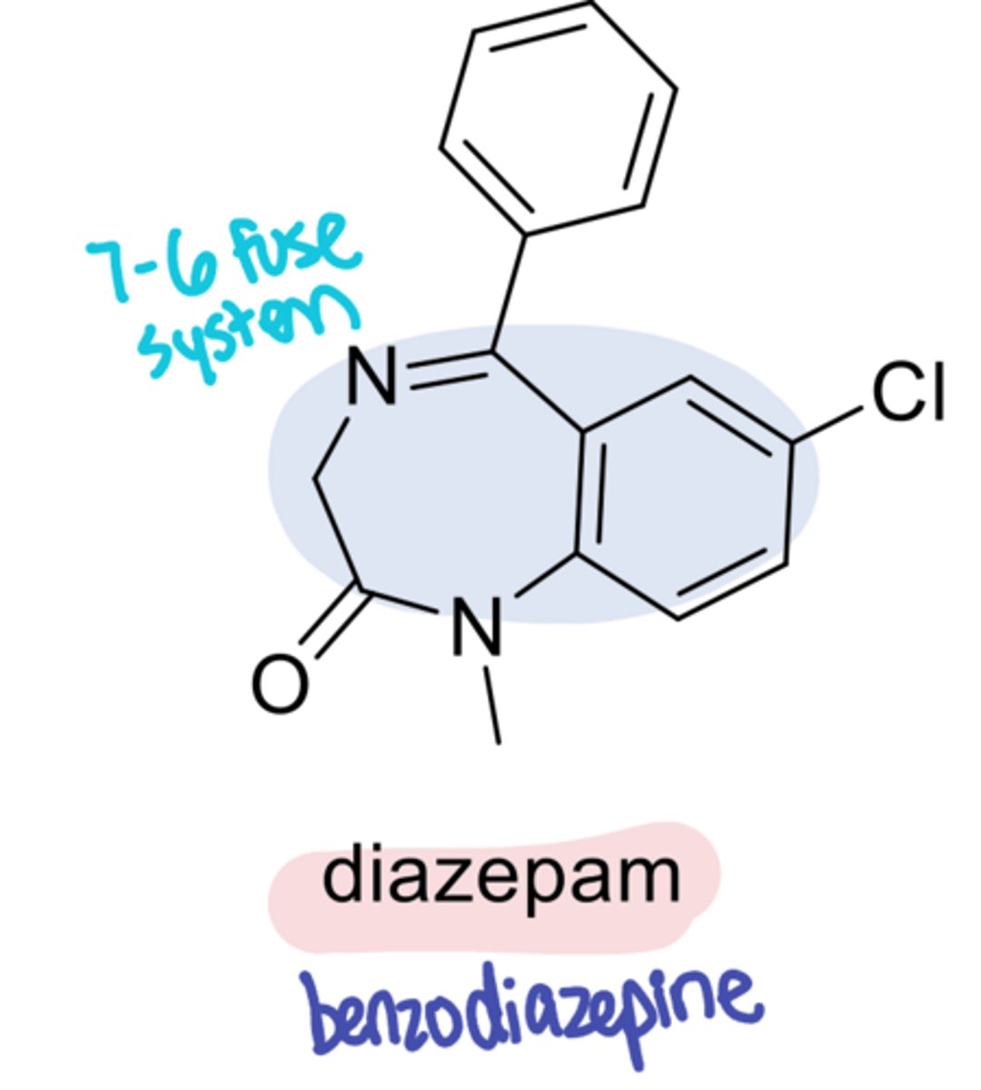 <p>Recognize a benzodiazepine by looking for __/___ fused ring structure</p>