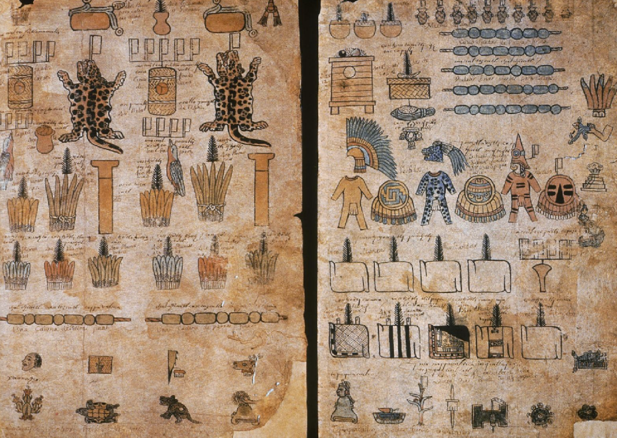 <p>depictions of everything sent as tribute/gift to someone/something/a place, sort of like an inventory?</p>