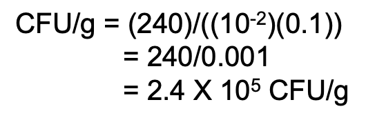 <ul><li><p><strong>Use only the normal counts</strong></p></li><li><p><em>CFU/g = avg no. of colonies / original sample vol</em></p></li><li><p><em>CFU/g = avg no. of colonies / (D) (vol plated)</em></p></li></ul><p></p>