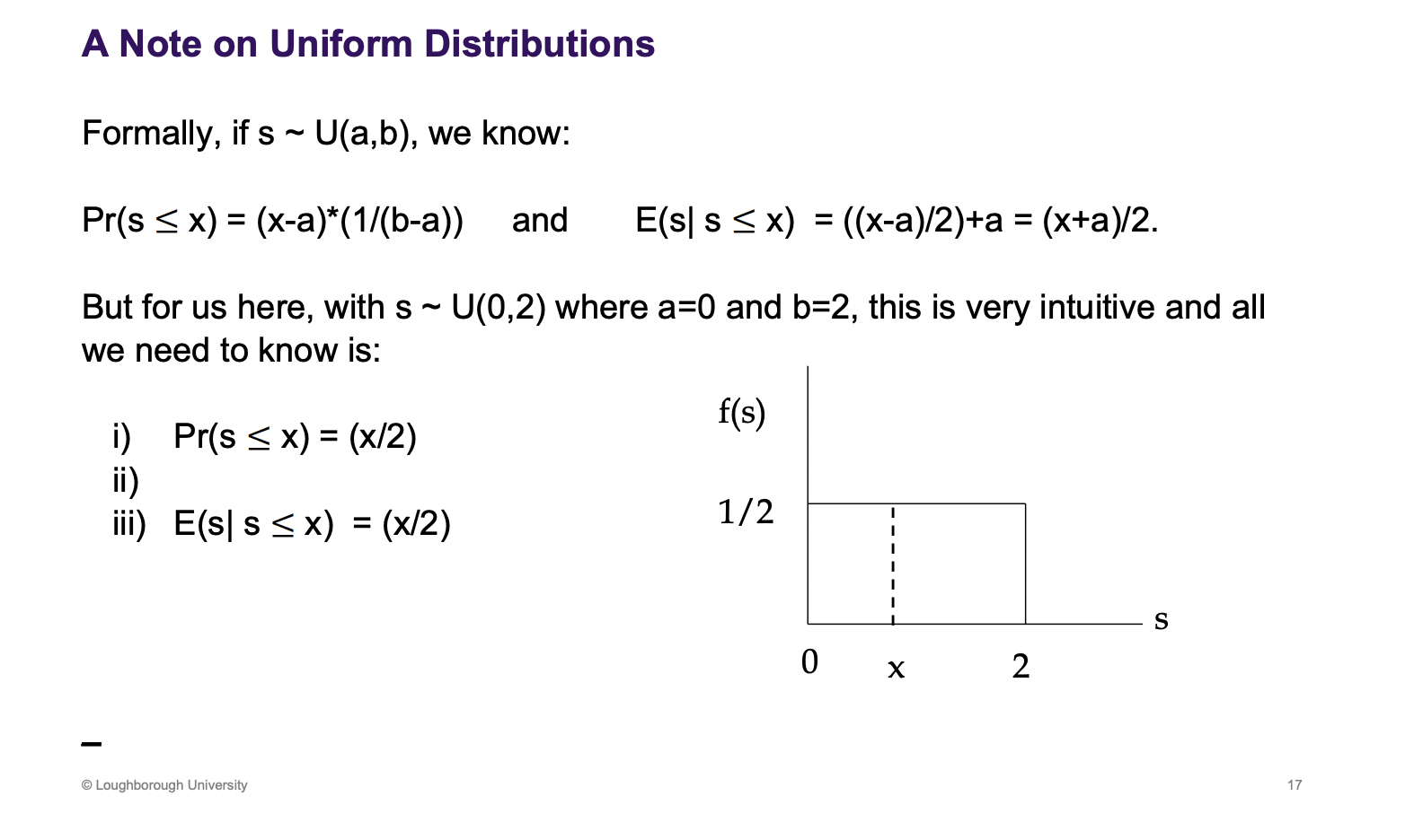 <p><span><u><span>This makes sense - each quality level is equally likely under a uniform distribution</span></u></span></p><p>&nbsp;</p><p><span><u><span>X here is the possible quality</span></u></span></p><p>&nbsp;</p><p>Quality between 0 and 2, f(s) is the prob distribution, the area has to equal up to 1.<span><span>&nbsp; </span></span>The two results, are important. i) the probability that the quality of the car is less than or equal to x, is going to be x/2. This happens because some quality level is x, the probability of being less than that on the graph is the area, x *1/2. iii) means that if I have a pool of cars and I know all of them have a quality less than x, what if I pick one, what would I expected the quality to be.</p><p>&nbsp;</p><p>X is the quality level, <span style="background-color: purple;"><span>iii) means the expected quality conditional of the quality being less than x.</span></span></p>