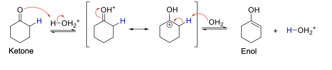 <p><strong>Mechanism:</strong></p><p>1) C=O is protonated.</p><p>2) Resonance structure.</p><p>3) Elimination.</p>