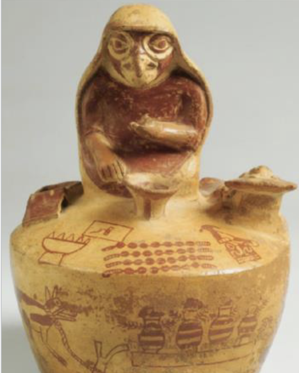 <p><span style="color: #ffffff">Moche, Vessel of an owl-headed medicine woman</span></p>