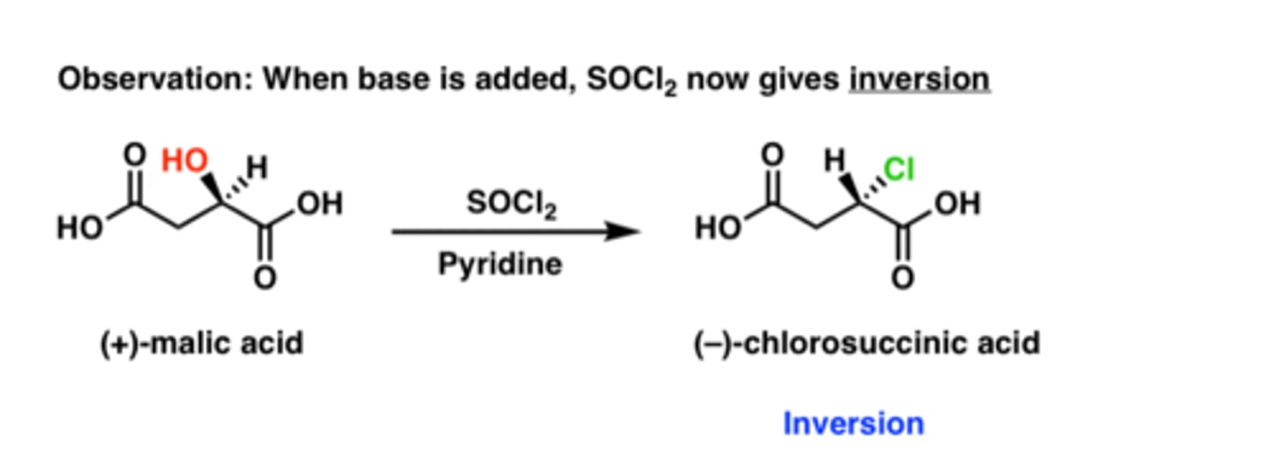 <p>Substitutes Cl for OH with inverted configuration. Cl is a good LG.</p><p>Anti.</p><p>Primary or secondary only.</p>