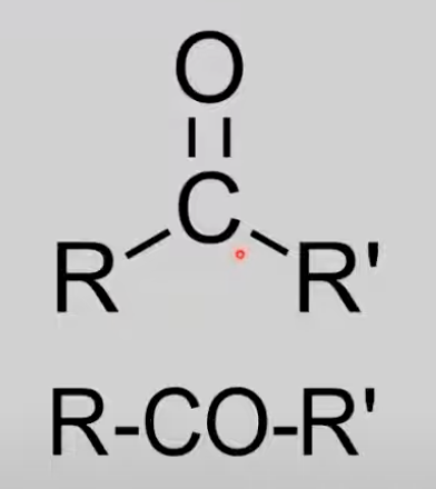 <p>Carbonyl group (C=O) bonded to two R groups.</p><p>General formula: C<sub>n</sub>H<sub>2n</sub>O.</p><p>Reactions: Reduction to secondary alcohols (HL only).</p>