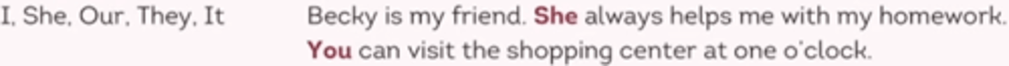<p>Replaces the name of the person, place, thing, or idea in a sentence.</p>