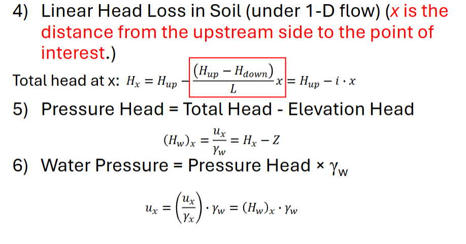 <ol><li><p>Select a Zero Elevation Datum</p></li><li><p>Determine Heads at known points (usually at water surfaces where the pressure head is zero)</p></li><li><p> Zero Total Head Loss in Piping</p><p><span style="color: #000000">a) Total Head is the same all through the piping</span><span style="color: #000000"><br></span><span style="color: #000000">b) Some simple justifications</span><span style="color: #000000"><br></span><span style="color: #000000">i. Flow rate is usually very low in piping (head loss due to</span><span style="color: #000000"><br></span><span style="color: #000000">turbulence is negligible)</span><span style="color: #000000"><br></span><span style="color: #000000">ii. Flow velocity is very low in piping (hf ∝ v2)</span><span style="color: #000000"><br></span><span style="color: #000000">iii. Friction is very low in piping compared to soil</span></p></li><li><p><span style="color: #000000">Linear Head Loss in Soil (under 1-D flow) (x is the</span><span style="color: #000000"><br></span><span style="color: #000000">distance from the upstream side to the point of</span><span style="color: #000000"><br></span><span style="color: #000000">interest.) </span><span style="color: #2f28d7">Formula on Image</span></p></li><li><p><span style="color: #000000">Pressure Head = Total Head - Elevation Head </span></p></li><li><p><span style="color: #000000">Water Pressure =Pressure Head * unit weight of water</span></p></li></ol><p></p>