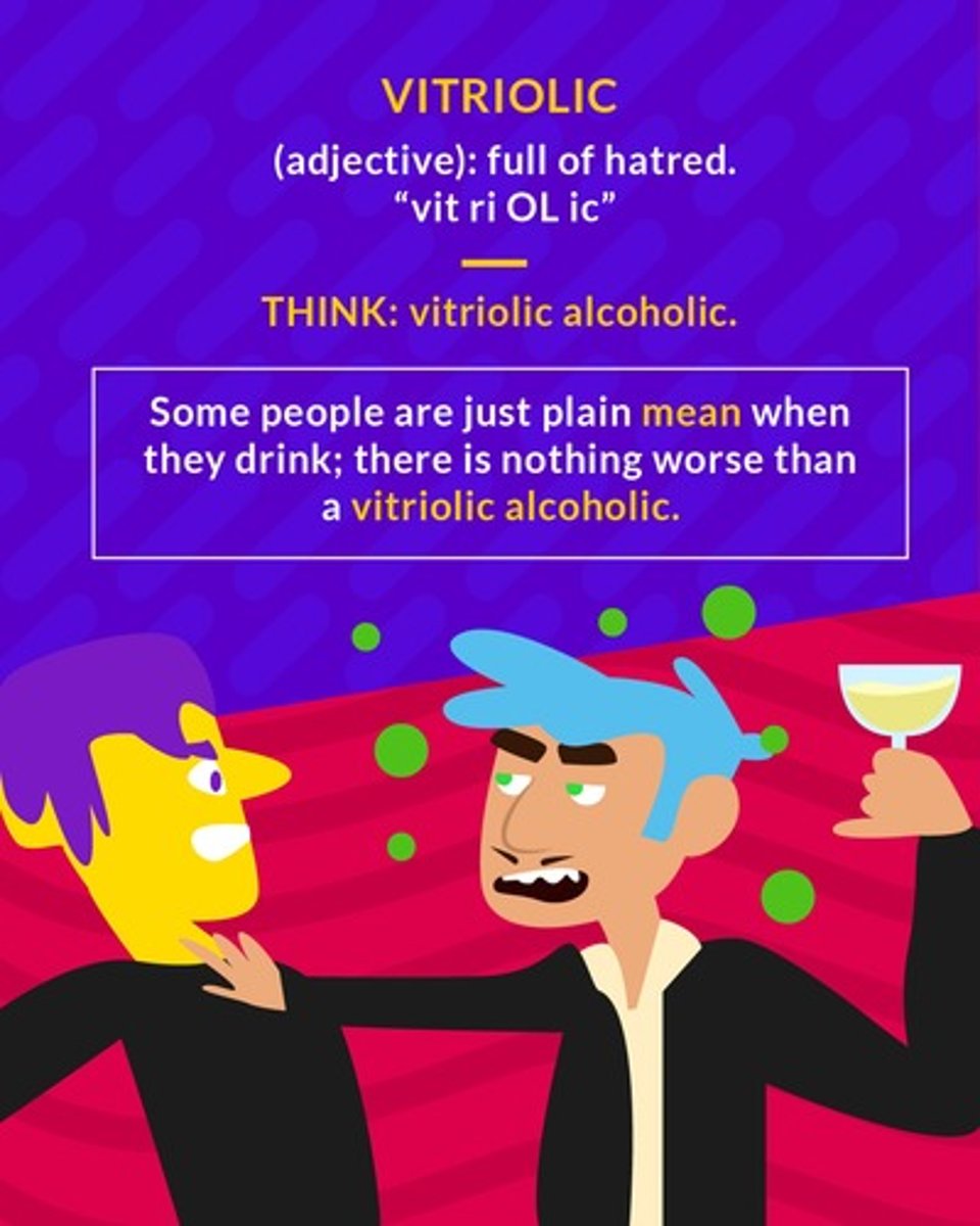 <p>(adj.) bitter, sarcastic; highly caustic or biting; full of hatred</p>