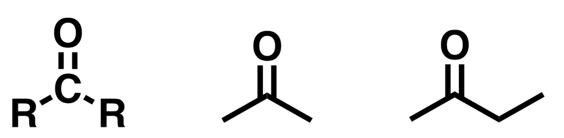 <p>C=O (carbonyl) flanked by R groups on either side of the carbonyl carbon. R groups are <strong>not </strong>hydrogen.</p>