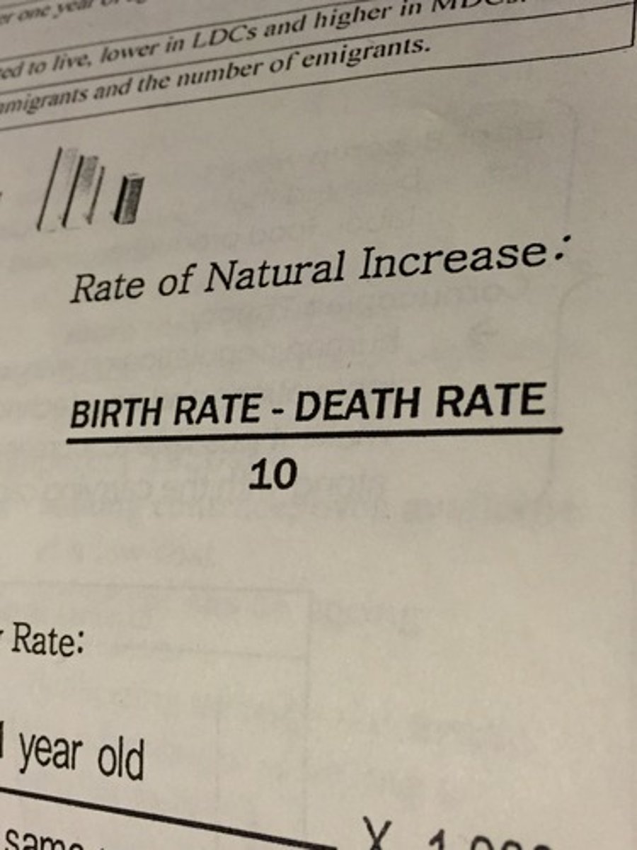 <p>The percentage growth of a population in a year, computed as the crude birth rate minus the crude death rate. For Example, a country with a birth rate of 20 per 1,000 people and a death rate of 5 per 1,000 people, resulting in a natural increase rate of 15 per 1,000, or 1.5% - meaning the population is naturally growing by 1.5% due to more births than deaths; this is calculated by subtracting the death rate from the birth rate.</p>