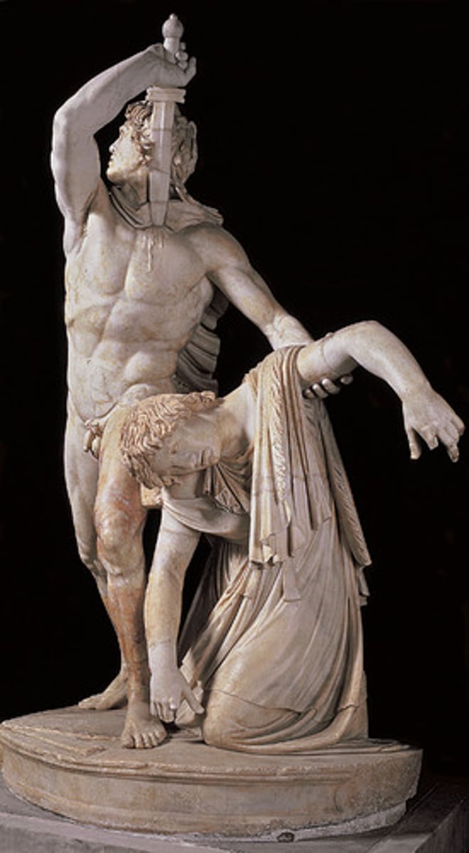 <p>- Gallic = Celtic: wears a torc, coarse blond hair, mustache (w/o beard)</p><p>- sculpture in the round</p><p>- Heroic nudity with big muscles &amp; expressive face</p><p>- he stabbed his wife already &amp; she is on the brink of losing consciousness; he holds the sword and is driving it into his chest</p><p>- they would rather die than be taken prisoner</p><p>- he is so dynamic and she is so slumped; lots of expression</p><p>- Portray their enemies beautifully to emphasize the significance of their victory</p>