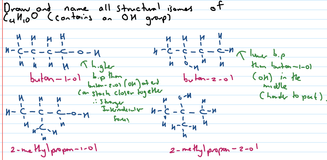 <p>Same molecular formula (same number and type of atoms) but different structural formula (arranged differently)</p><ul><li><p>Also have different mass and names</p></li></ul><p></p>