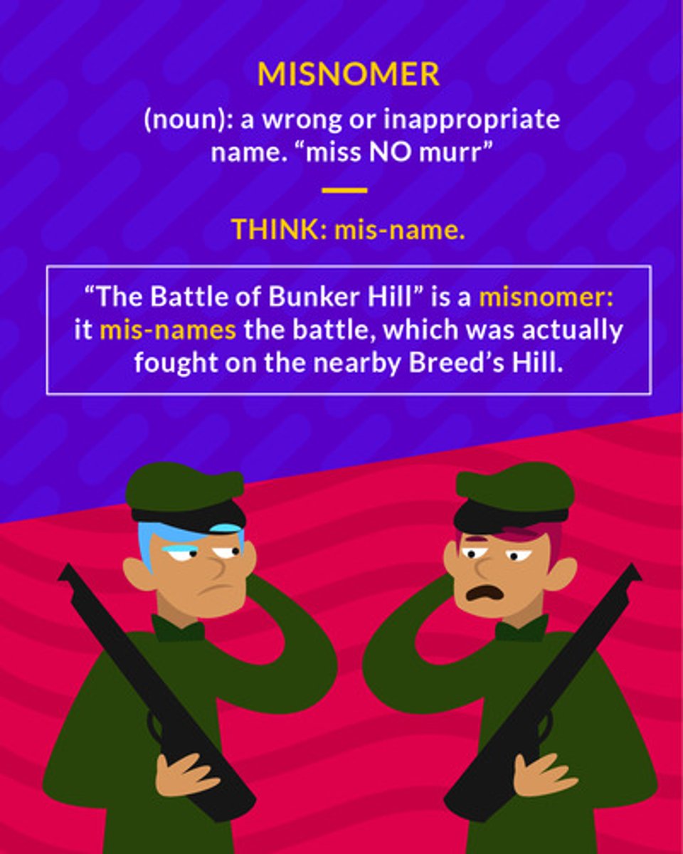 <p>(noun) an incorrect or inappropriate name</p><p>(noun) a wrong or inappropriate name</p>