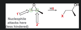 <p>nucleophile attacks the primary carbon as the dominant factor is steric effect (the primary carbon is less sterically hindered)</p>