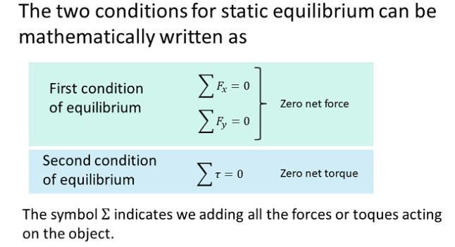 <p>is in transnational and rotational rest, and the net force and net torque must be zero</p>