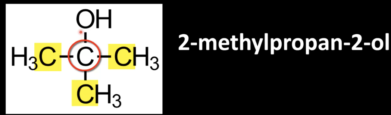 <p>Carbon bonded to -OH is attached to three alkyl groups. </p><p>Example: 2-methylpropan-2-ol. </p><p>More substituted center carbon.</p>