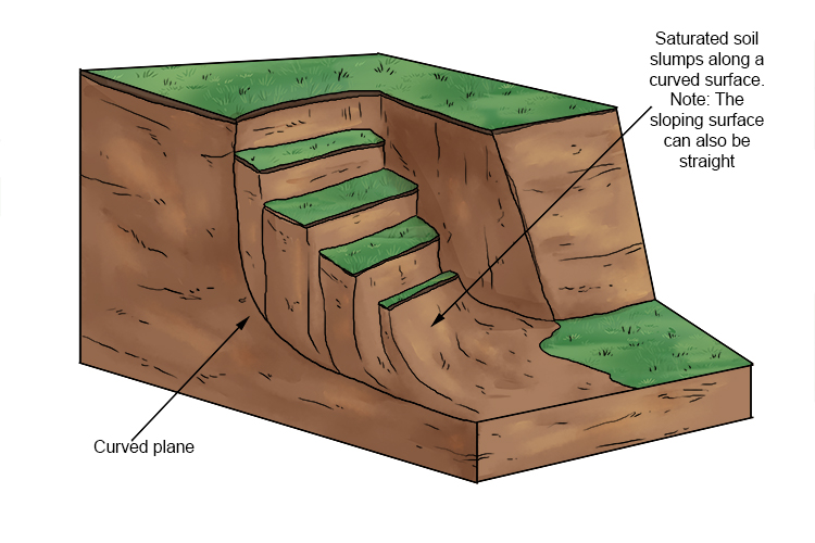 <p>Similar to slide + also occurs when stress acting on slope overcomes ability of slope to support own weight + resist movement</p><ul><li><p>Often occur in saturated conditions</p></li><li><p>Rotational movement (not in sliding)</p></li><li><p>Occur on moderate to steep slopes</p></li><li><p>Common where softer materials (clay/sands) overlie more resistant/impermeable rock, e.g. limestone/granite</p></li><li><p>Causes <strong>rotational scars</strong></p></li><li><p>Repeated slumping creates <strong>terraced cliff </strong>profile</p></li></ul>