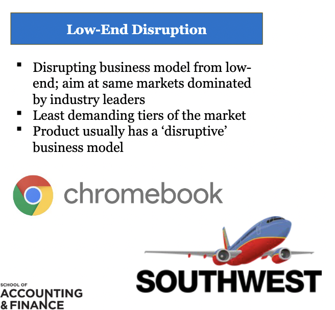 company uses a low cost business model to enter at the bottom of an existing market and claim a segment, causing the incumbent to retreat upmarket to make higher margins 

* form of asymmetric motivation 