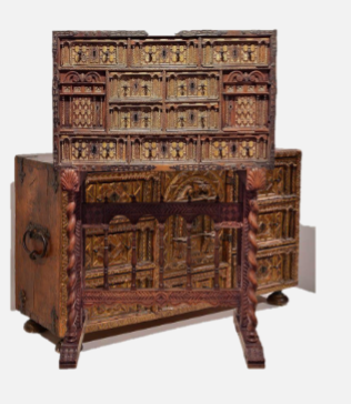 <p><span style="color: rgb(0, 0, 0);">- It was a smaller chest, without the hinge lid<br>- used to hold paper and writing materials<br>- Ivory inlay, shells, fluting, rosettes, and architectural<br>detailing were used.<br>- Tables or bases similar to the ones holding the<br>vargueño were typical.</span></p><p><span style="color: rgb(0, 0, 0);"><br></span></p>