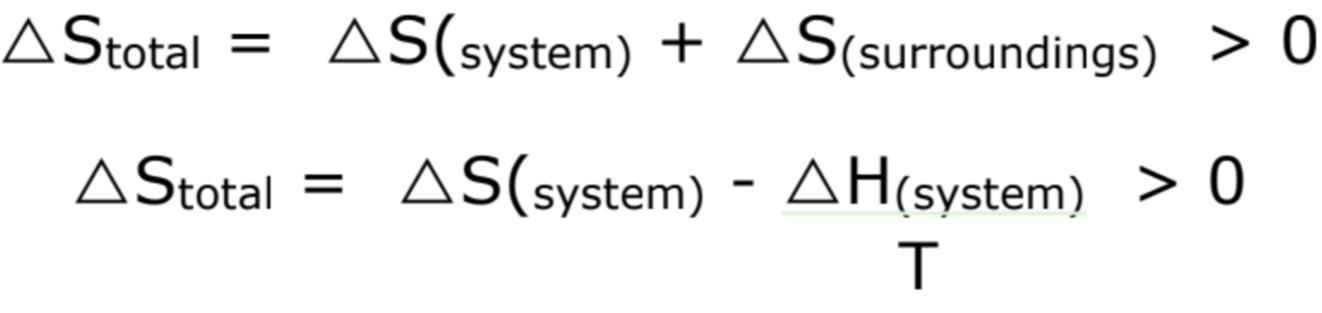<p>∆S<sub>total </sub>= ∆S<sub>system </sub>-<sub> </sub>∆S<sub>surroundings </sub>> 0</p><p>∆S<sub>total </sub>= ∆S<sub>system </sub>-<sub> (</sub>∆H ÷ T)<sub> </sub>> 0</p><p><u>*important to consider system and surroundings for both enthalpy and entropy when determining feasibility of a reaction</u></p>