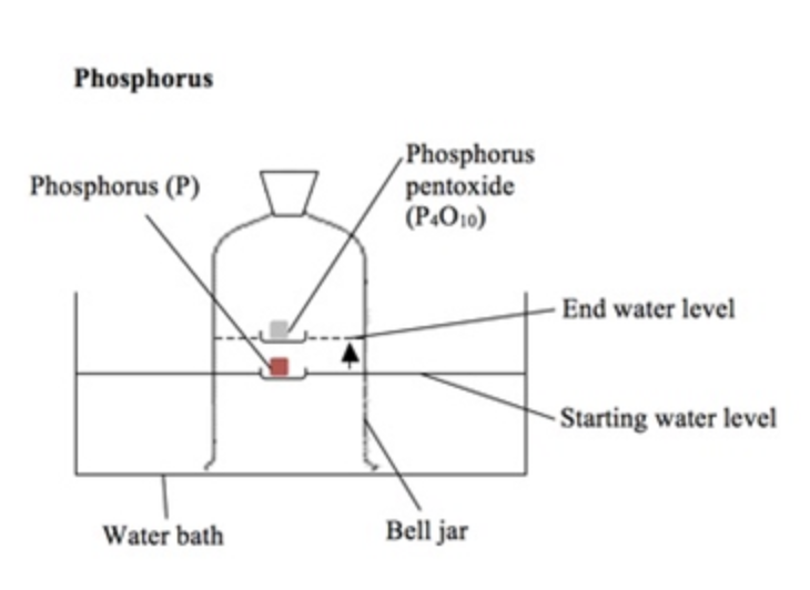 <p>The phosphorus is lit with a hot wire.</p><p>It reacts with the oxygen in the air and causes the water level in the bell jar to rise by about 20%.</p>