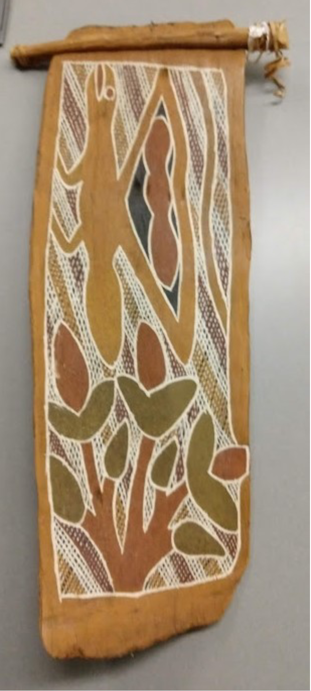 <p>Illustrate episode from the Dreaming, typically show supernatural and ancient beings/spirits from that time</p><p>Painting is powdery matte pigment on eucalyptus bark</p><p>Made to not last</p>