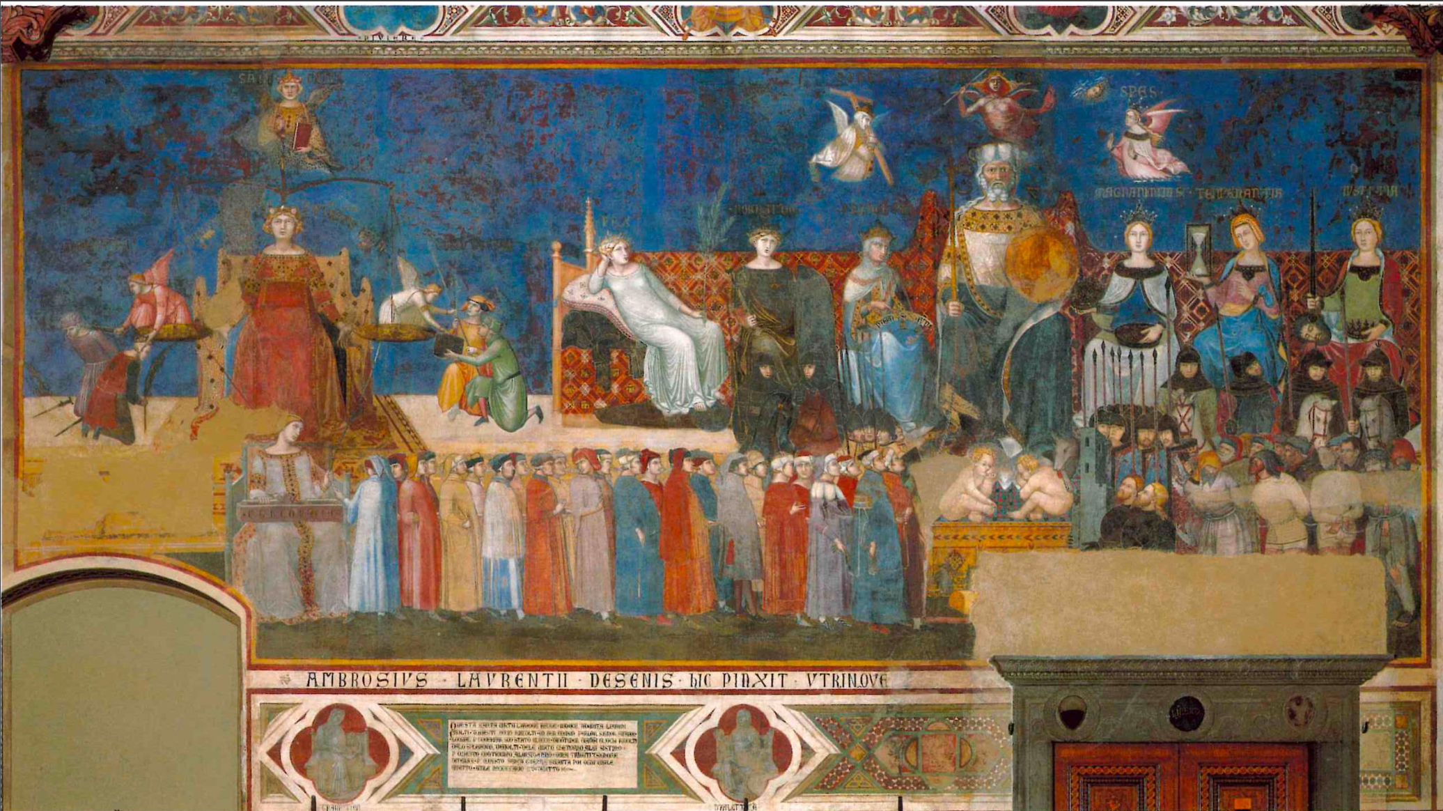 <p>Allegory of Good Government - Personification of the Commune of Siena, flanked by Peace, Fortitude, and Prudence + Magnanimity, Temperance, and Justice, and is guided by Faith, Hope and Charity</p>