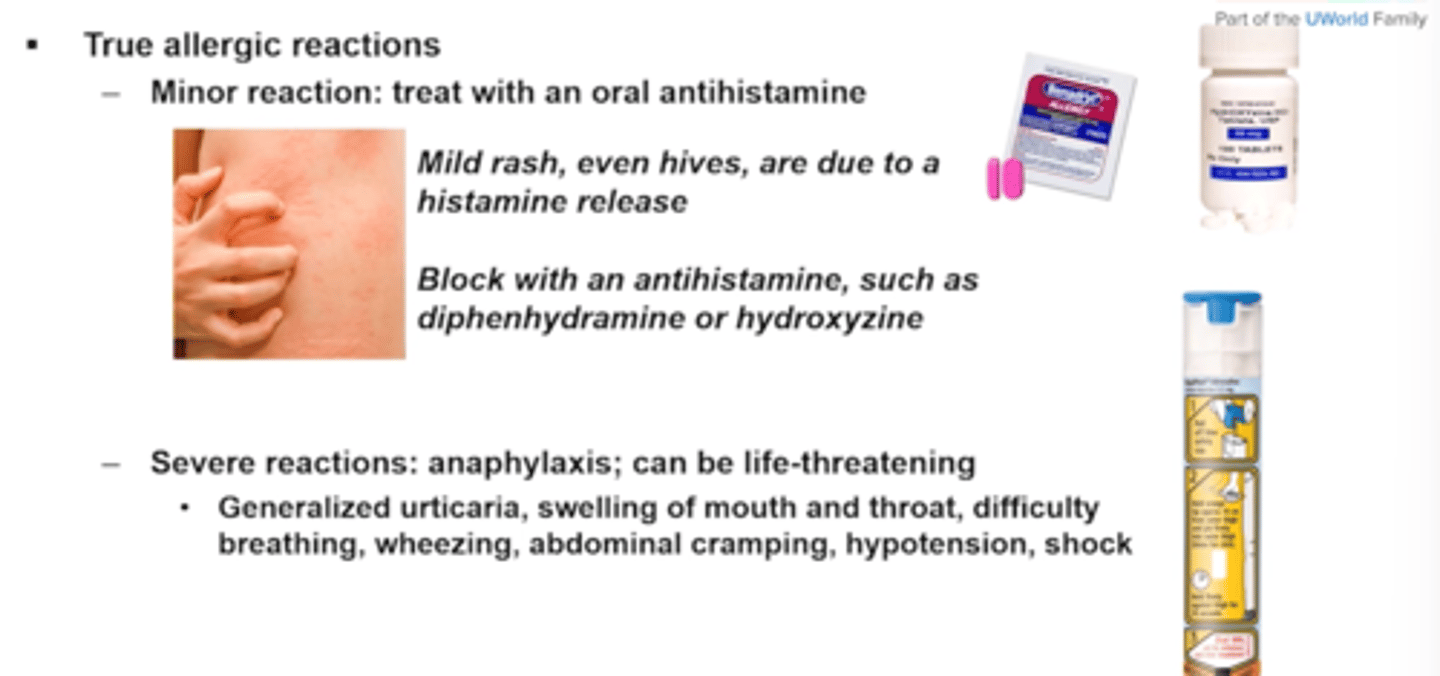 <p>diphenhydramine</p><p>hydroxyzine</p><p>NOT CI for future vaccines</p>