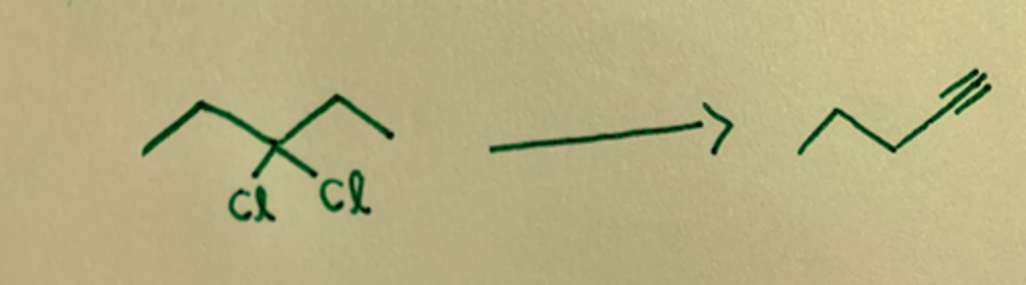 <p>Removes Br (or other halide) groups to form a triple bond,</p><p>NaNH2 gives terminal alkyne</p>