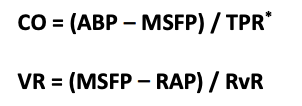 <ul><li><p>Where TPR is the resistance prior to the ‘pivotal point’ </p></li><li><p>where pressure = MSFP </p></li><li><p> RvR → resistance to venous return→ the reamining resistance</p></li></ul><p></p>