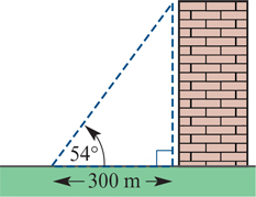 <p>from 300m away from the base of a tall building, on level ground, Elise measured the angle of elevation from the ground to the top of the building to be 54°. </p><p>Find the height of the building, to the nearest metre.</p>