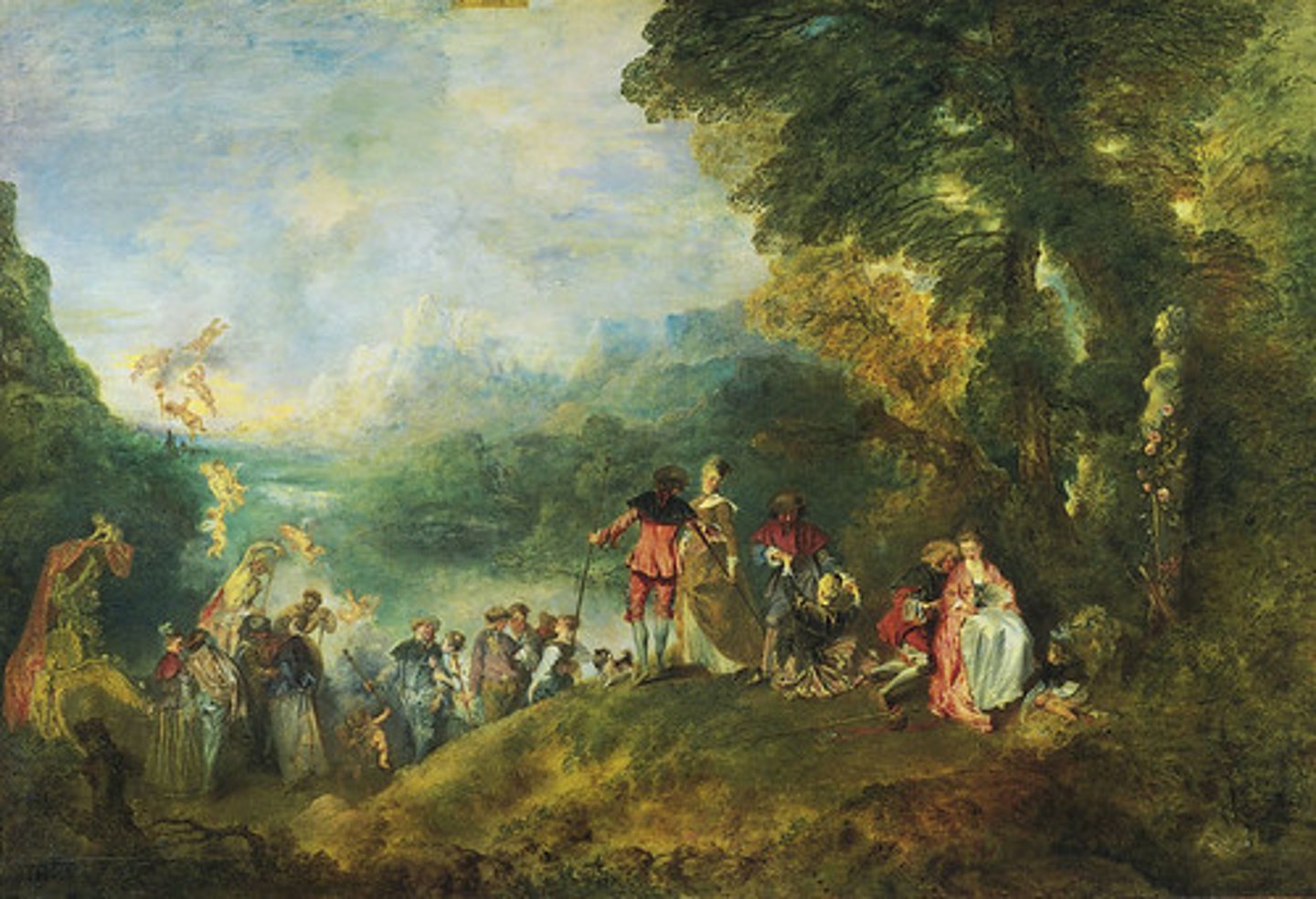 <p>an eighteenth-century French style of painting that depicts the aristocracy walking through a forested landscape</p>