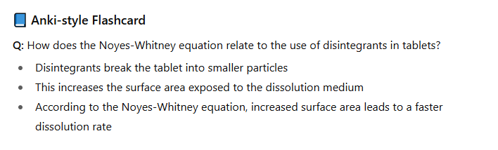 <ul><li><p>The <strong>Noyes-Whitney equation</strong> describes the rate at which a solid dissolves in a liquid. It says that the <strong>dissolution rate</strong> increases when:</p></li></ul><ul><li><p>The <strong>surface area</strong> of the solid increases</p></li><li><p>The <strong>concentration gradient</strong> (difference between drug at the surface and in the surrounding liquid) is higher</p></li><li><p>The <strong>diffusion layer is thinner</strong></p></li><li><p>The <strong>solvent is stirred or agitated</strong></p></li></ul><p></p>