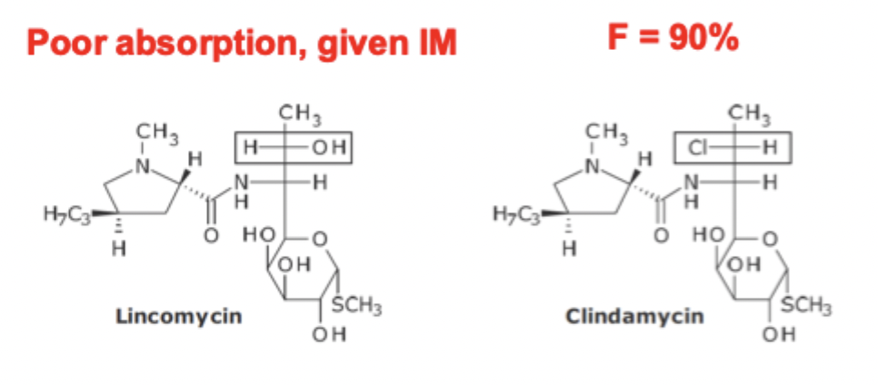 <ul><li><p>Replacement of -OH group with -Cl group </p><ul><li><p>enhances lipophilicity</p><ul><li><p>crosses bacterial membranes better</p></li></ul></li><li><p>better oral absorption</p></li></ul></li></ul><p></p>