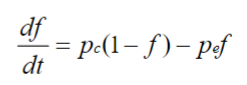 <p>change in the proportion of occupied sites over a very small amount of time</p><p>proportion of occupied sites at any one time depends on rate at which patches are colonized and go extinct (i.e. a balance between colonization and extinction)</p><p>Pe = probability of extinction</p><p>Pc = probability of colonization</p><p>f = fraction (proportion) or occupied patches</p>
