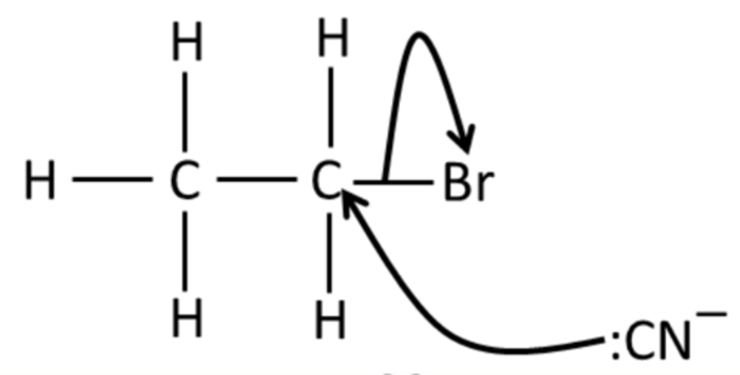 <p>Draw the mechanism for the reaction of bromoethane with KCN</p>