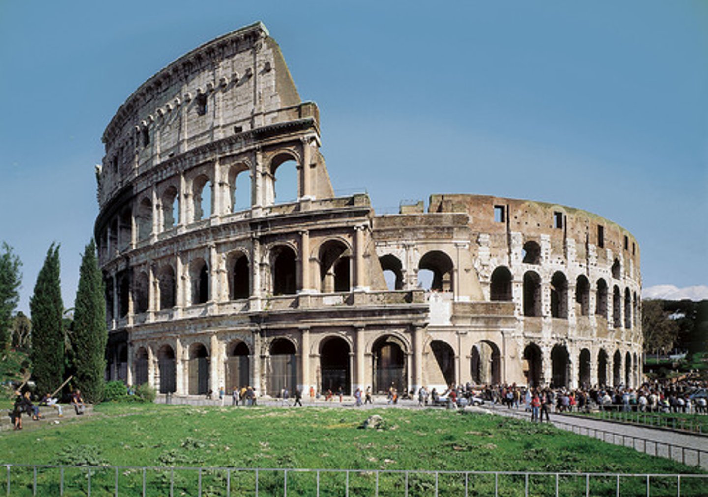 <p>Date: 70-80 CE</p><p>Period/Style: Imperial Roman</p><p>Original Location: Rome, Italy</p><p>Material/Technique: Stone and concrete</p><p>Function: Built under Flavian rule to please the Roman citizens by showcasing gladiator battles.</p><p>Context: Begun construction under Vespasian and ended under Titus. Contains an intricate drainage system which allowed for flooding the arena for naval battles. Barrel-vaulted arches. Also displays all three Greek column orders, Doric followed by Ionic and Corinthian. The columns provide no structure and set a standard for Roman homes to follow. The velarium (retractable roof) shaded the elites in the topmost section.</p><p>Descriptive terms: amphitheater, architecture, Roman concrete</p>