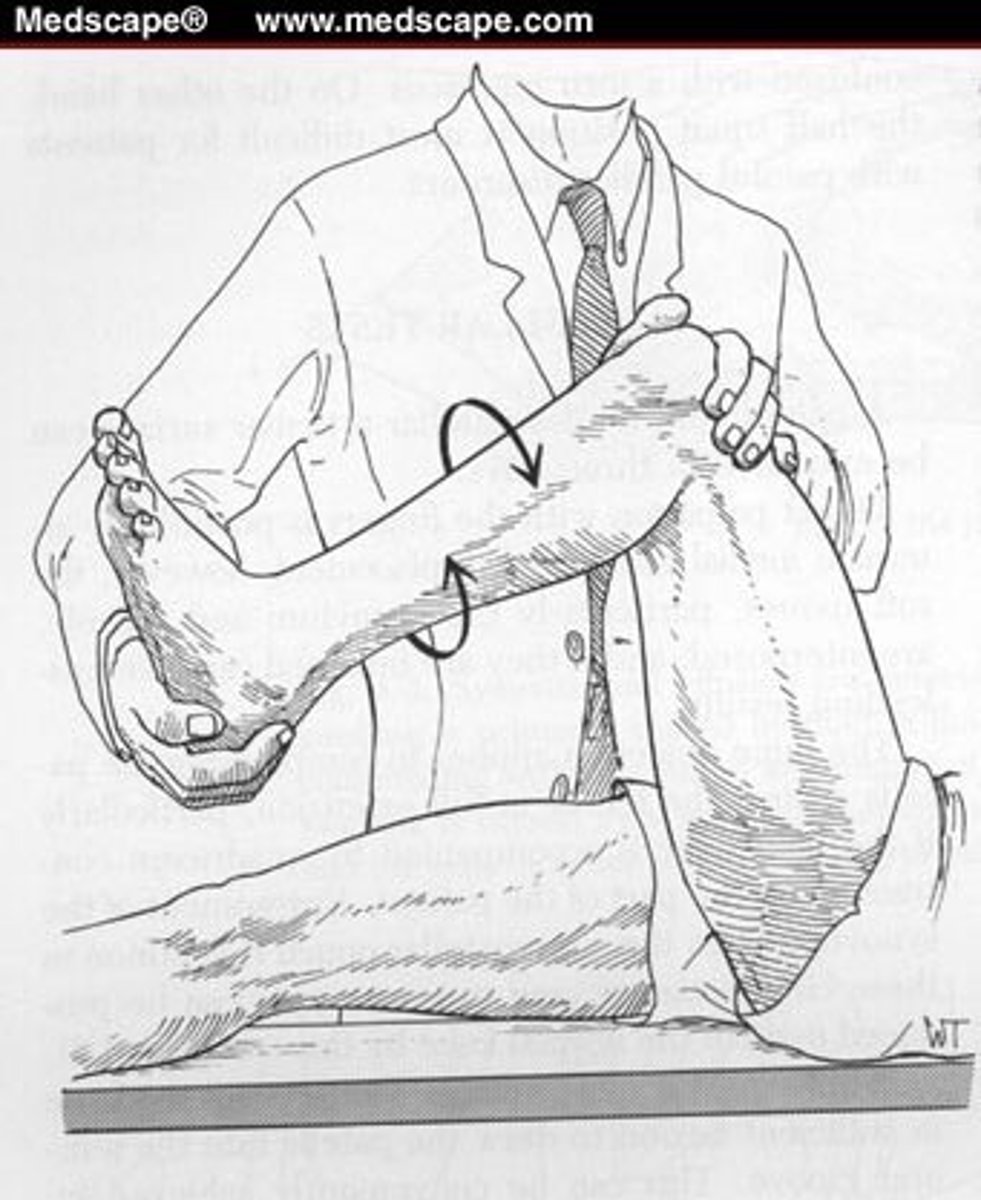 <p>Meniscal tear - The patient is supine, knee flexed and externally (medial meniscus) or internally (lateral meniscus) extended - pain indicates a tear</p>