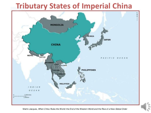 A system in which, from the time of the Han Empire, countries in East and Southeast Asia not under the direct control of empires based in China nevertheless enrolled as tributary states, acknowledging the superiority of the emperors in China. (279)