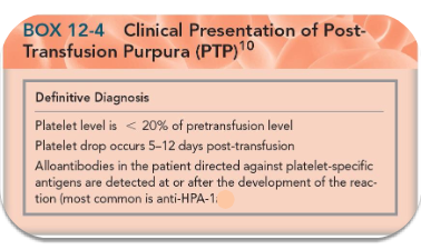 <p><span><span>severe and life-threatening thrombocytopenia rare complication most often in females</span></span></p><ul><li><p><strong><u>occurs 5-10 days after transfusion</u></strong></p></li></ul><ul><li><p><span><span>Occurs when a pt w preformed platelet ABYs is transfused with a blood component containing the platelet antigen and sharing specificity with the preformed antibodies</span></span></p></li><li><p><span><span>Antigen-negative patients develop alloantibodies after exposure to platelet antigens through pregnancy or transfusion</span></span></p></li><li><p><span><span>Leads to the destruction of the donor and recipient platelets</span></span></p></li><li><p><span><span>Cerebral hemorrhage noted as main cause of death</span></span></p></li></ul><p></p>