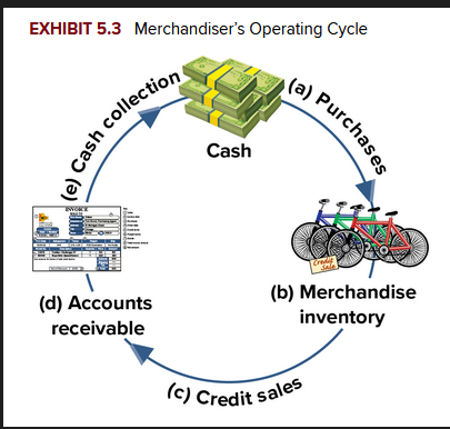 <ol><li><p>cash purchases of merchandise</p></li><li><p>inventory for sale</p></li><li><p>credit sales</p></li><li><p>accounts receivable</p></li><li><p>receipt of cash</p></li></ol><p></p>