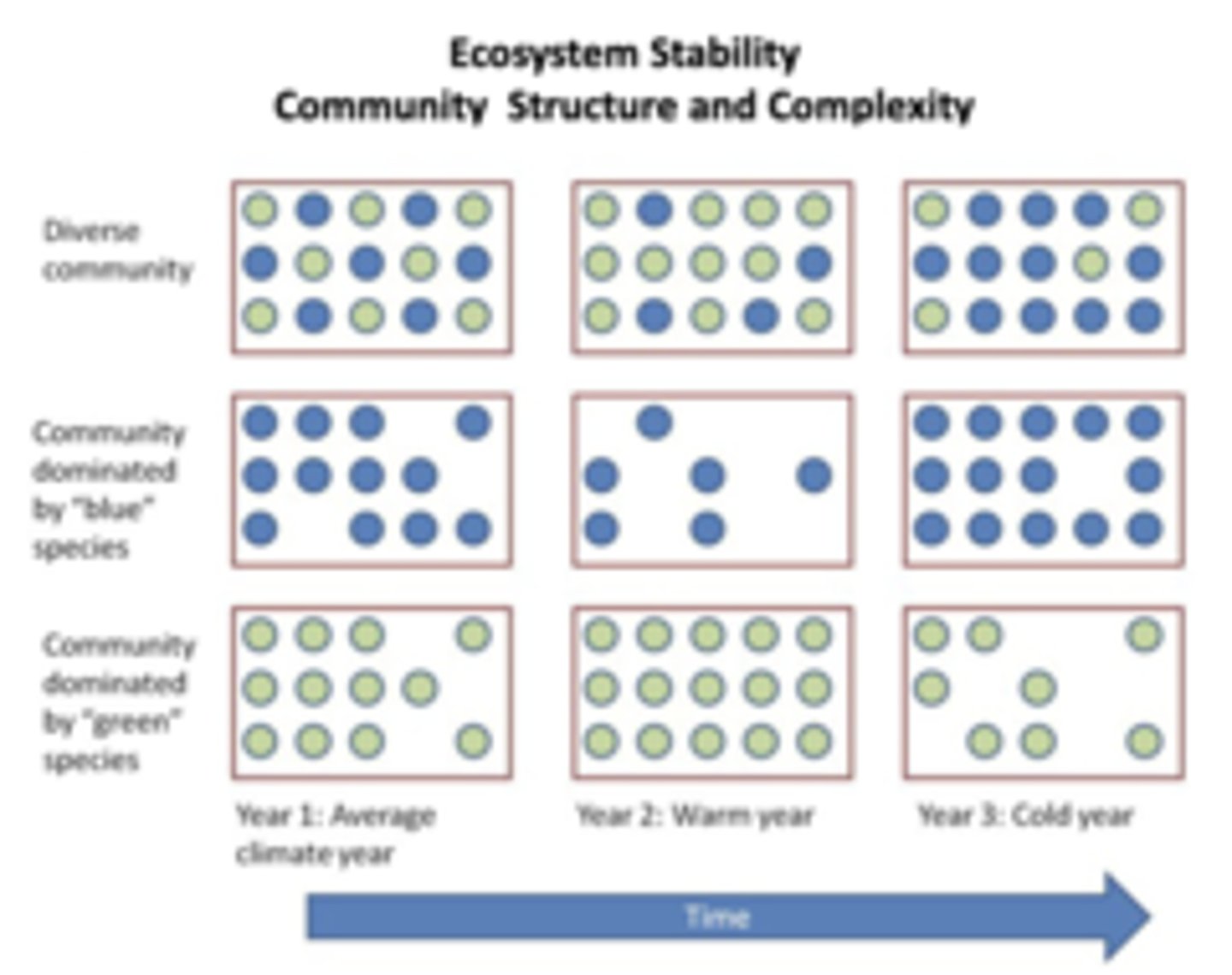 <p>Species richness = number of species, species abundance = number of individuals of a species, and species diversity = function of both richness and abundance; complex communities have greater stability/ability to recover following perturbations (due to more ways of adapting to an environment)</p><p>-for example, ecological stability of microbial communities in Lake Donghu is regulated by keystone taxa, which organisms or types of organisms w a disproportionately large impact on their ecosystem or community relative to their abundance, playing a vital role in maintaining its stability and structure</p>