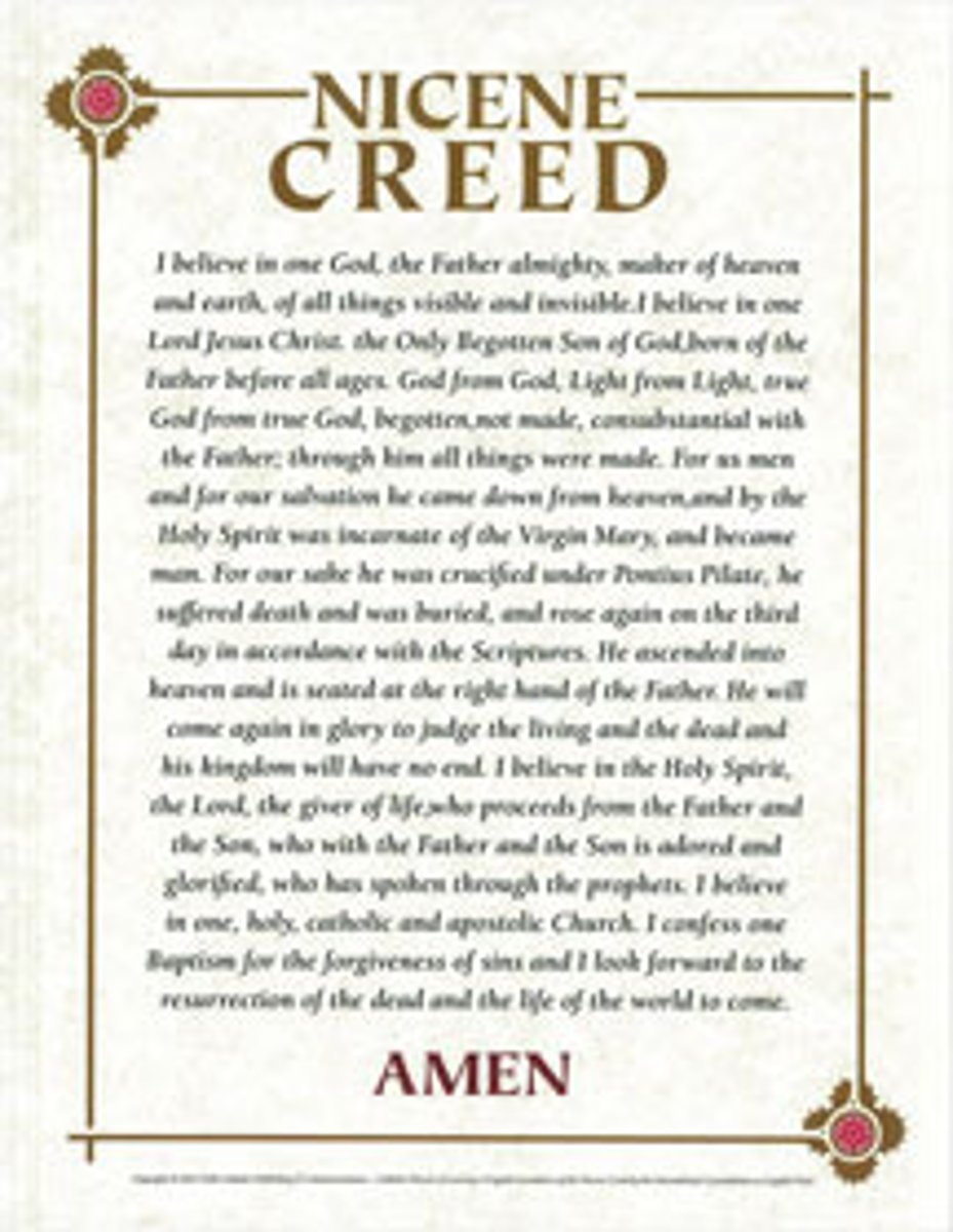 <p>prayer stating our beliefs as Catholics, in God (children of the creator), Jesus (incarnate of Virgin Mary), the Holy Spirit (unites Father and Son, transforms us through baptism), and One Holy Catholic Apostolic Church (connects us across the world).</p>