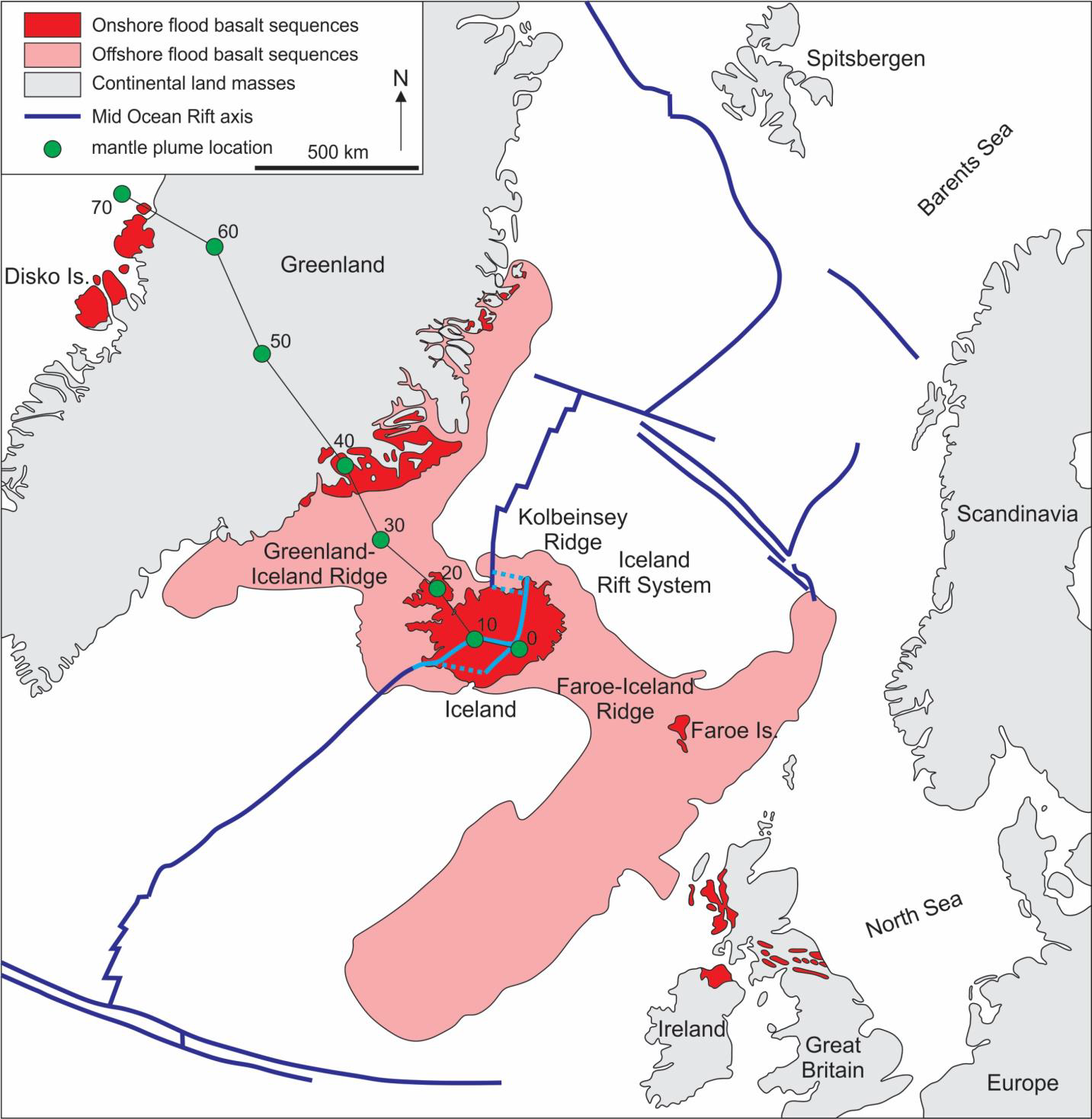 <ul><li><p>It's responsible for the separation and releasing flood basalts</p></li><li><p>40 MA</p></li></ul><p></p>