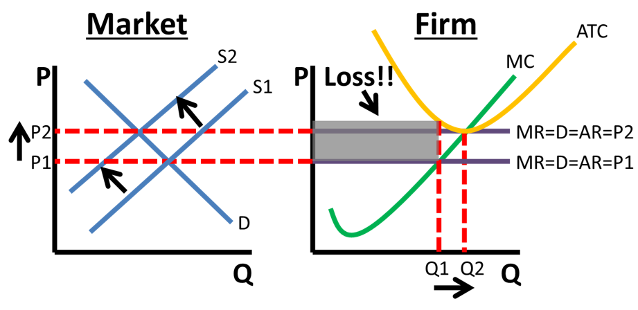<p><br><span>The economic loss causes firms to exit the industry, shifting the supply curve left, raising the price (MRDARP) until the firm breaks even.</span><br><span>**Allocatively Efficient in the long-run and the short-run (Price=MC)</span></p>