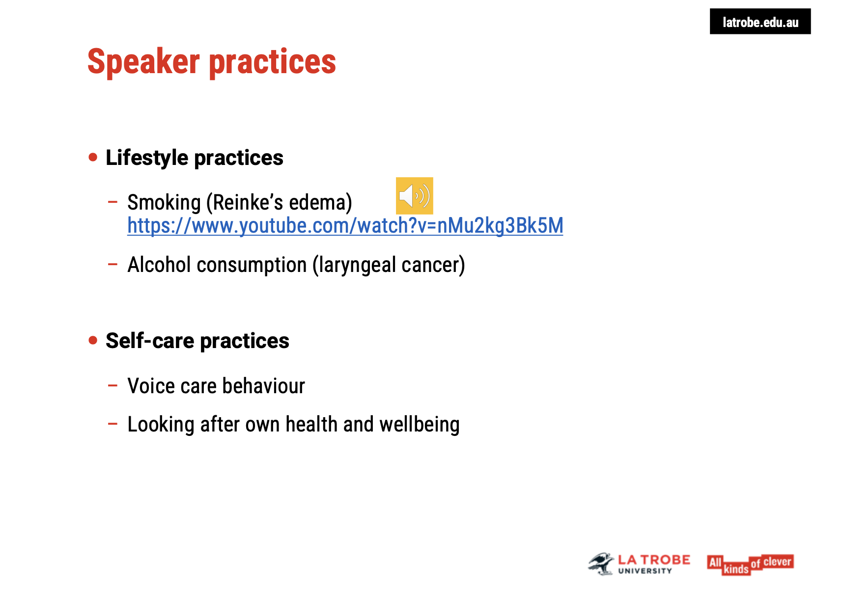 <p><span data-name="performing_arts" data-type="emoji">🎭</span><span><strong> Example: German Actress with Chronic Smoking-Associated Voice</strong></span></p><ul><li><p><span><strong>Voice Profile</strong>: Actor uses smoking as part of her <em>detective character</em>, but smoking likely also affects her real-life voice.</span></p></li><li><p><span><strong>Auditory features</strong>:</span></p><ul><li><p><span><strong>Rough, irregular vocal quality</strong></span></p></li><li><p><span><strong>Low pitch</strong></span></p></li><li><p><span><strong>Noisy inhalation</strong></span></p></li></ul></li><li><p><span><strong>Diagnosis-related</strong>: Suggestive of <strong>Reinke's oedema</strong>, a condition commonly linked to long-term smoking.</span></p></li></ul><p> </p><p><span data-name="microscope" data-type="emoji">🔬</span><span><strong> Pathophysiology: Reinke’s Oedema</strong></span></p><ul><li><p><span><strong>Reinke’s space</strong> = layer just beneath the surface of the vocal fold (superficial lamina propria).</span></p></li><li><p><span>Chronic <strong>irritation from smoking</strong> causes:</span></p><ul><li><p><span><strong>Swelling of this layer</strong></span></p></li><li><p><span><strong>Buldging or balloon-like vocal folds</strong></span></p></li><li><p><span><strong>Vocal fold vibration becomes irregular and sluggish</strong></span></p></li></ul></li><li><p><span>Results in:</span></p><ul><li><p><span><strong>Hoarseness</strong></span></p></li><li><p><span><strong>Lowered pitch</strong></span></p></li><li><p><span><strong>Breathy or effortful breathing</strong></span></p></li><li><p><span><strong>Audible inhalatory stridor</strong> (if folds can’t abduct fully)</span></p></li></ul></li></ul><p> </p><p><span data-name="warning" data-type="emoji">⚠</span><span><strong> Lifestyle and Voice Health Risks</strong></span></p><ul><li><p><span><strong>Smoking</strong>:</span></p><ul><li><p><span>Strongly linked to <strong>Reinke’s oedema</strong></span></p></li><li><p><span>Increases risk of <strong>laryngeal cancer</strong></span></p></li><li><p><span>Contributes to <strong>chronic laryngeal inflammation and poor vocal fold health</strong></span></p></li></ul></li><li><p><span><strong>Alcohol consumption</strong>:</span></p><ul><li><p><span>Often <strong>synergistic with smoking</strong> in raising cancer risk</span></p></li><li><p><span>May lead to <strong>dehydration</strong>, affecting vocal fold pliability and voice control</span></p></li></ul></li></ul><p> </p><p><span data-name="woman_in_lotus_position" data-type="emoji">🧘♀</span><span><strong> Voice Care and SLP Role</strong></span></p><p><span data-name="wrench" data-type="emoji">🔧</span><span><strong> Clinical focus:</strong></span></p><ul><li><p><span>Encourage <strong>voice care behaviours</strong>:</span></p><ul><li><p><span>Hydration</span></p></li><li><p><span>Vocal warm-ups/cool-downs</span></p></li><li><p><span>Smoke cessation</span></p></li></ul></li><li><p><span>Address <strong>voice use practises</strong> (e.g., habitual strain, shouting, overuse)</span></p></li><li><p><span>Discuss <strong>self-care, sleep, diet, stress regulation</strong> as relevant to voice function</span></p></li></ul><p><span data-name="health_worker" data-type="emoji">🧑⚕</span><span><strong> Holistic support:</strong></span></p><ul><li><p><span>Recognise that voice is influenced by:</span></p><ul><li><p><span><strong>Lifestyle choices</strong></span></p></li><li><p><span><strong>Mental and physical health</strong></span></p></li><li><p><span><strong>Environment</strong></span></p></li></ul></li><li><p><span><strong>SLPs promote sustainable voice use</strong> through education, behavioural change, and clinical intervention.</span></p></li></ul><p></p>