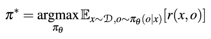 <p><span style="background-color: transparent;"><span>Learn a policy π from which you can sample a sequence of actions </span><em><span>a</span></em><span> (i.e. generate tokens) that will optimize the expected reward model’s output </span><em><span>r(x, o)</span></em></span></p>